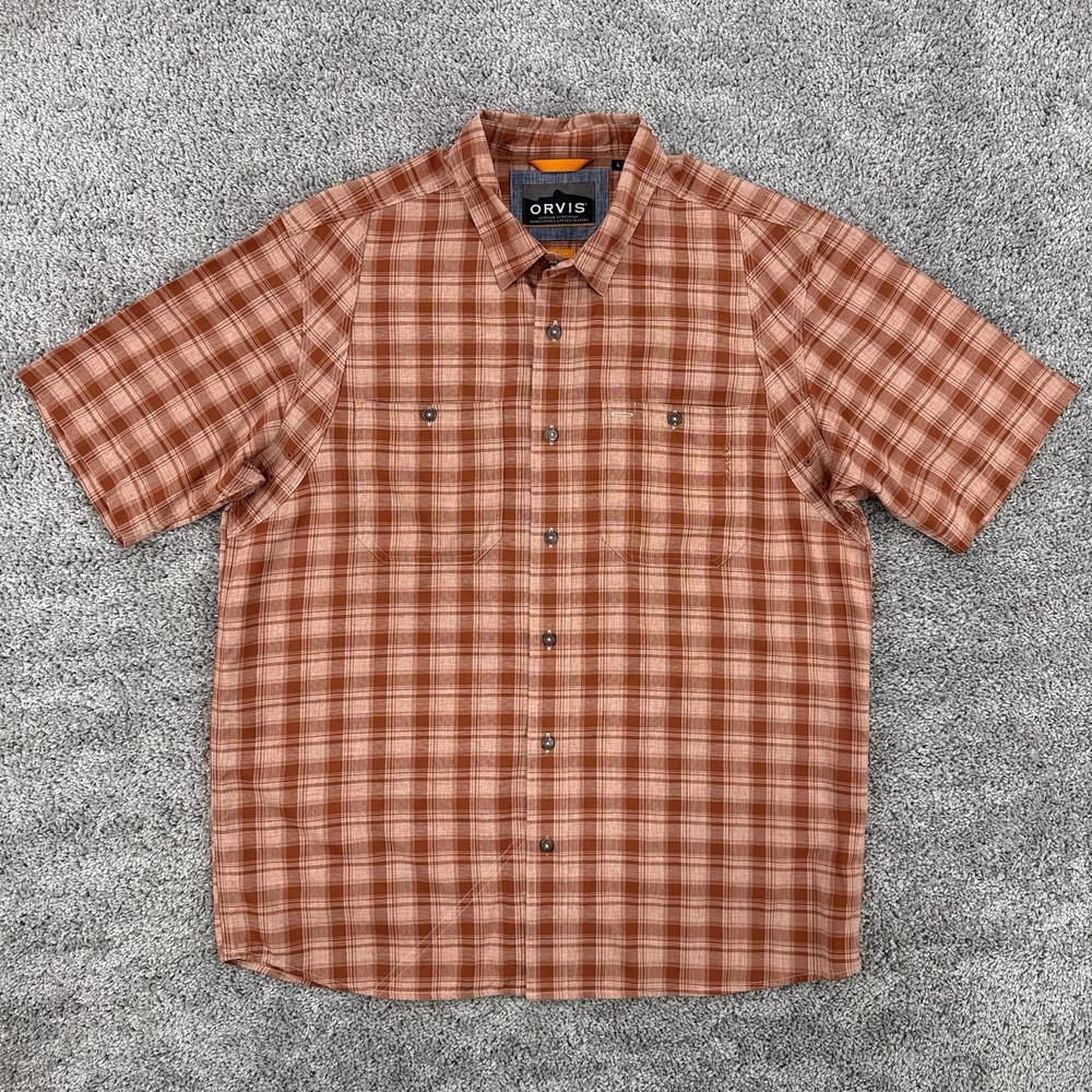 Orvis Tech Chambray Shirt Men L Plaid Short Sleeve Button Down Fishing Outdoors